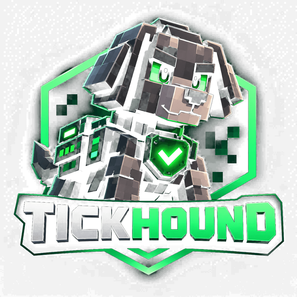 Tickhound — the voxel hound mascot with a green verified shield